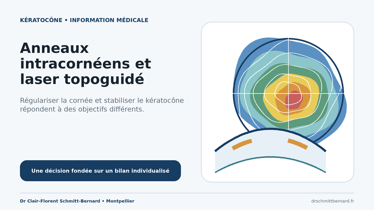 Schéma médical d’une cornée avec segments intracornéens et carte topographique guidant une photoablation limitée
