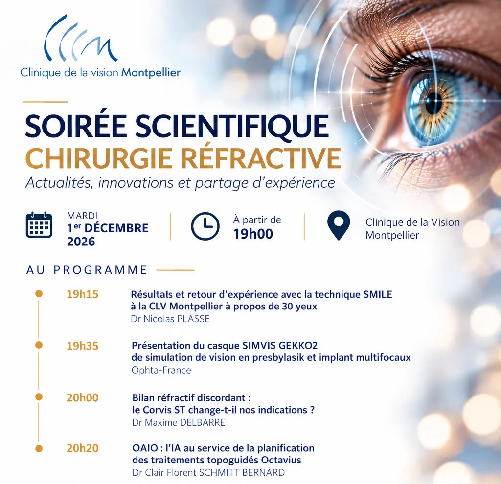 French poster for the refractive-surgery scientific evening at Clinique de la Vision Montpellier on 1 December 2026